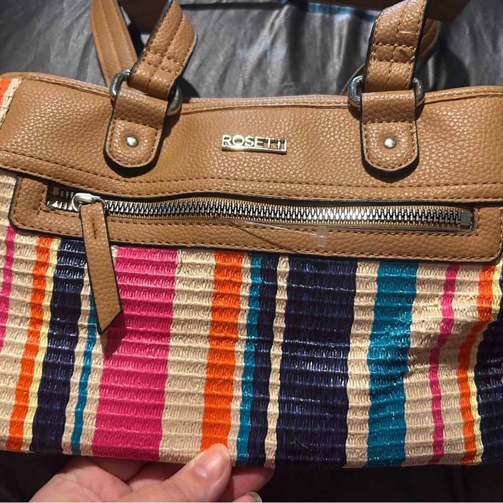 Rosetti Tan and Multicolor Striped Satchel